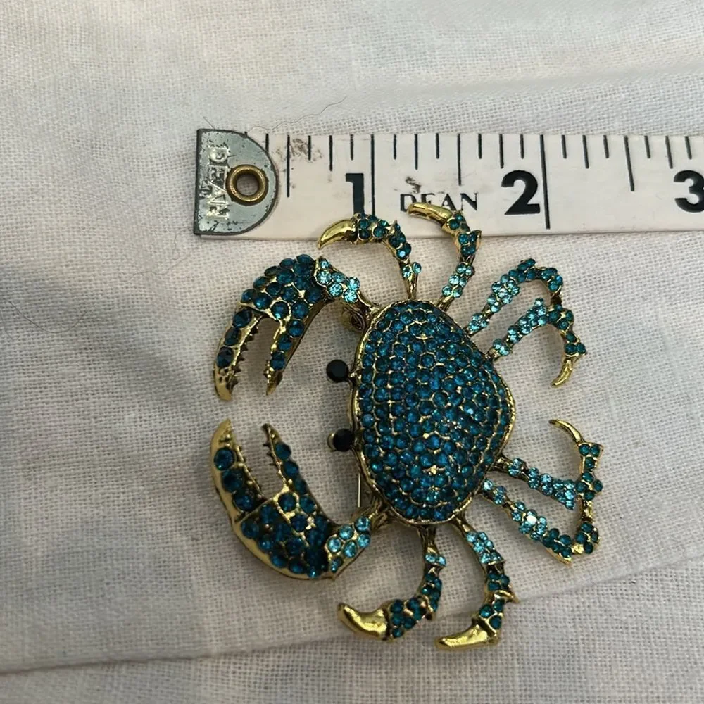 Sparkling Blue and Gold Crab Brooch